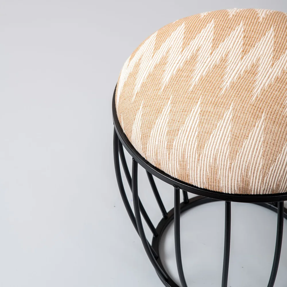 Neutral Peachy Pink Ikat Printed Woven Jacquard Metal Ottoman Stool