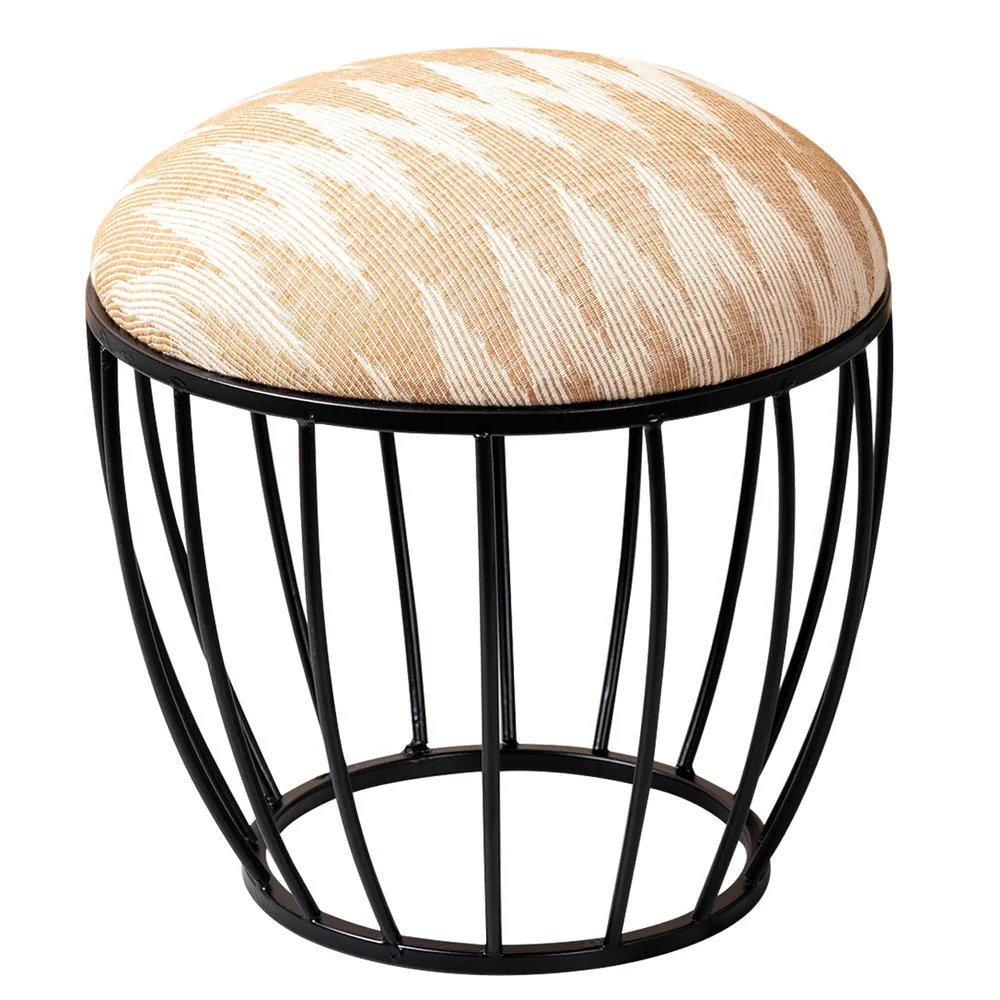Neutral Peachy Pink Ikat Printed Woven Jacquard Metal Ottoman Stool