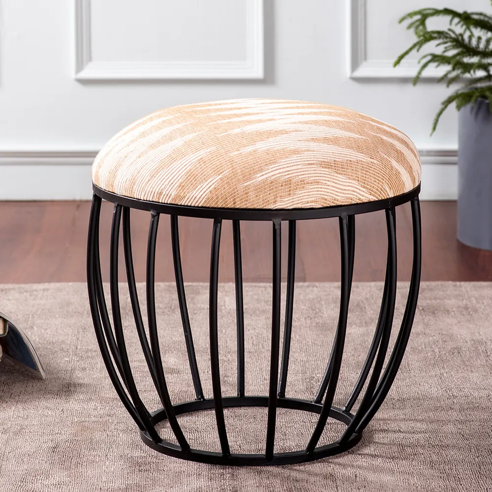 Neutral Peachy Pink Ikat Printed Woven Jacquard Metal Ottoman Stool