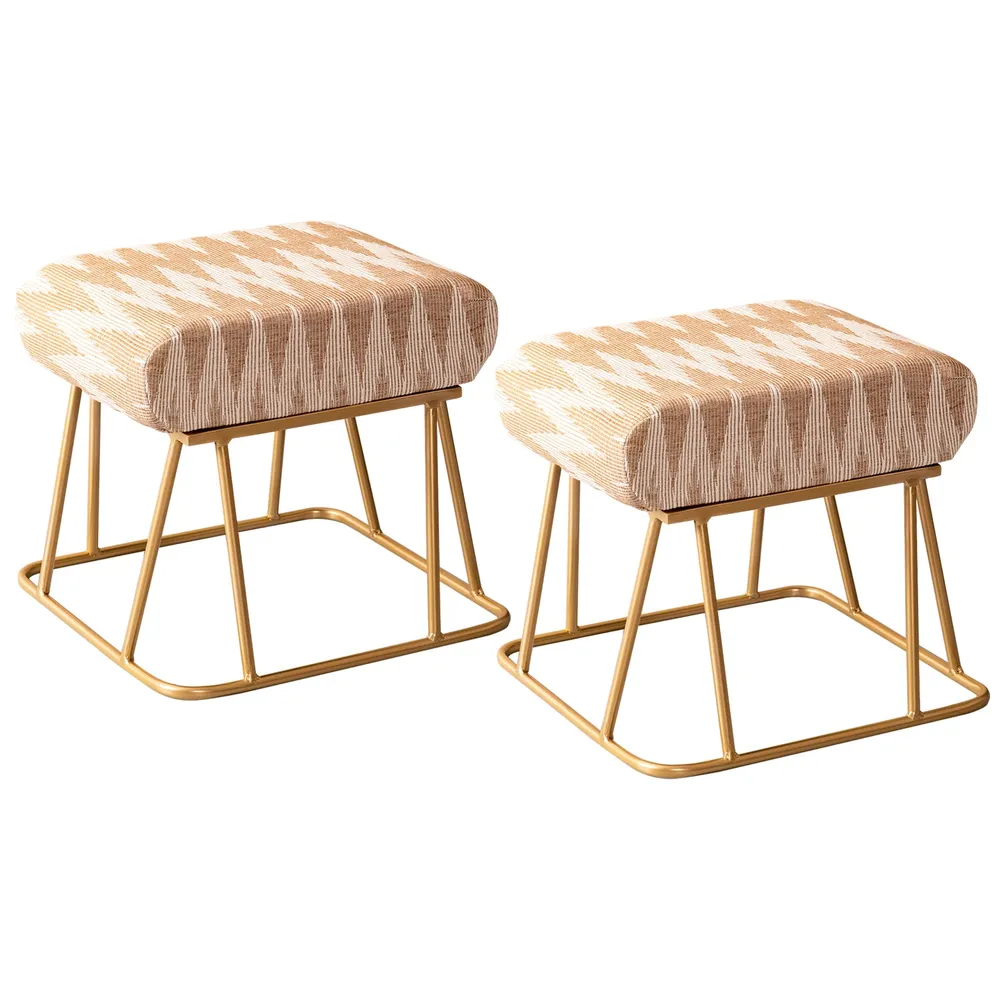 Neutral Peachy Pink Ikat Printed Woven Jacquard Metal Ottoman Stool Set Of 2