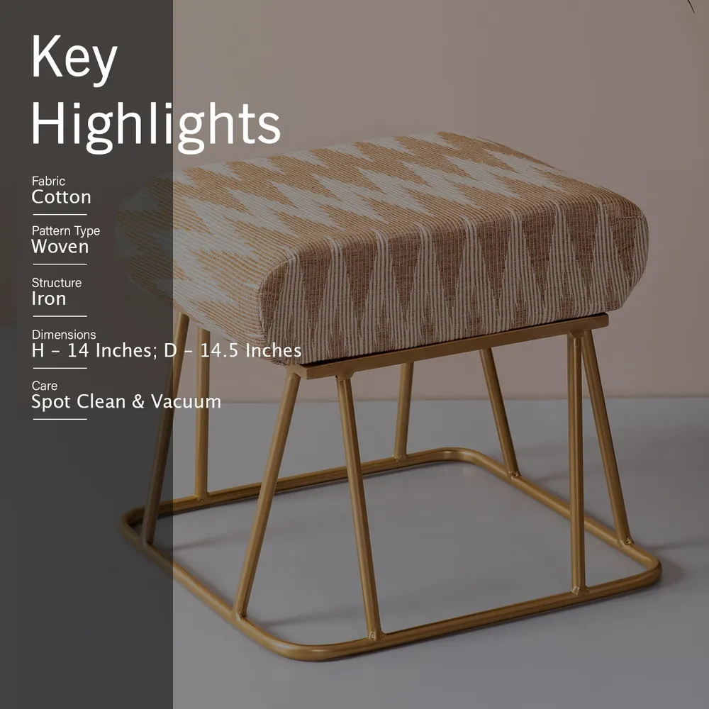 Neutral Peachy Pink Ikat Printed Woven Jacquard Metal Ottoman Stool Set Of 2