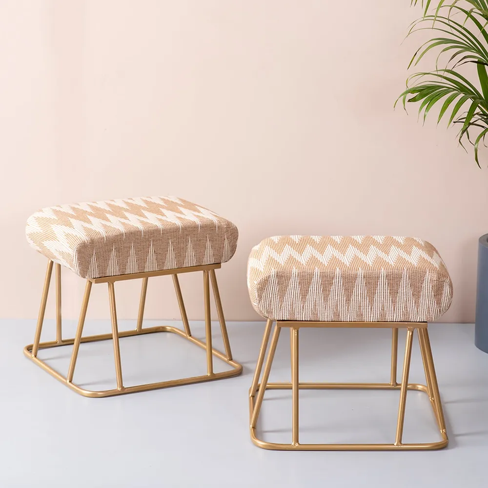 Neutral Peachy Pink Ikat Printed Woven Jacquard Metal Ottoman Stool Set Of 2
