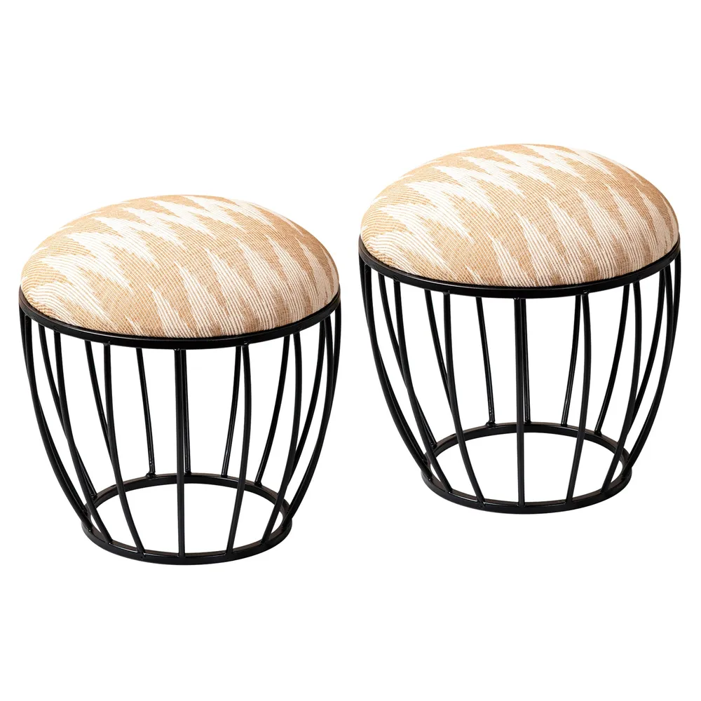 Neutral Peachy Pink Ikat Printed Woven Metal Ottoman Stool Set Of 2