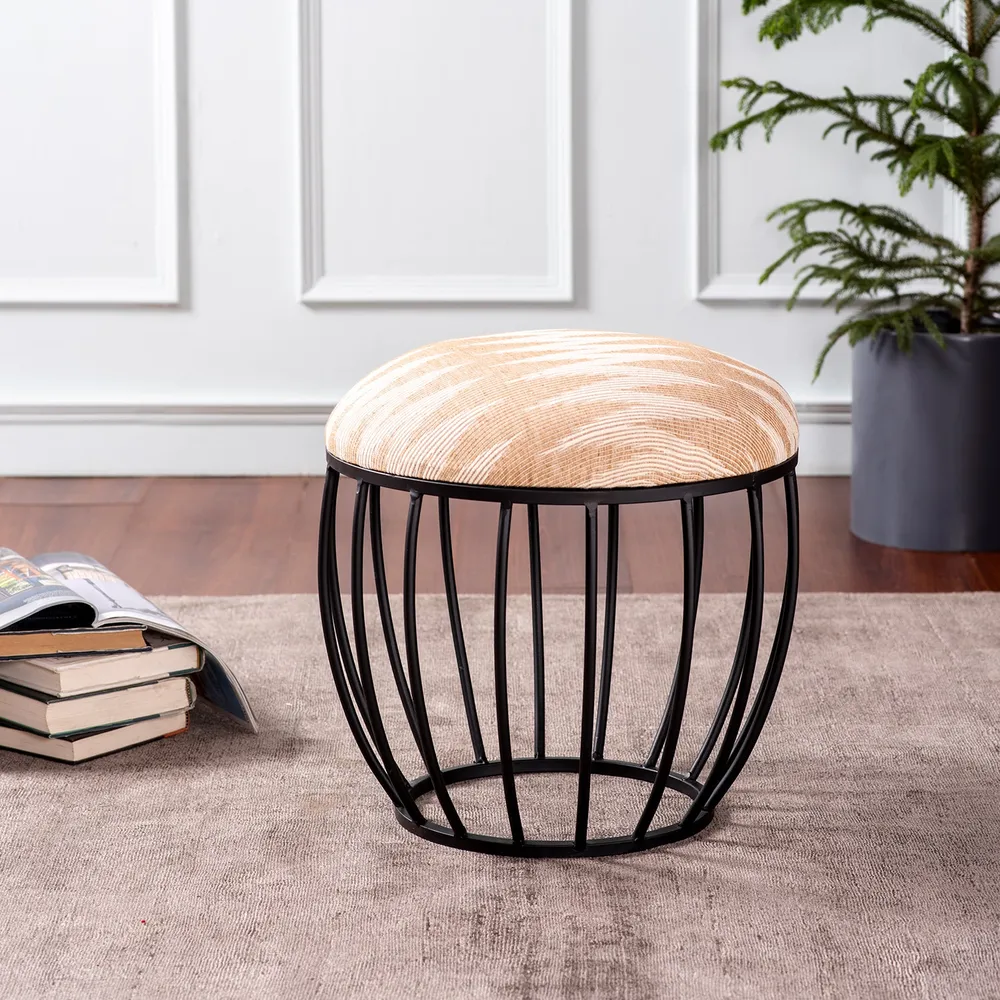 Neutral Peachy Pink Ikat Printed Woven Metal Ottoman Stool Set Of 2