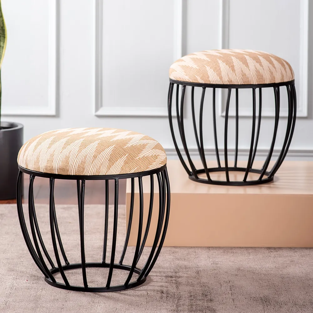 Neutral Peachy Pink Ikat Printed Woven Metal Ottoman Stool Set Of 2