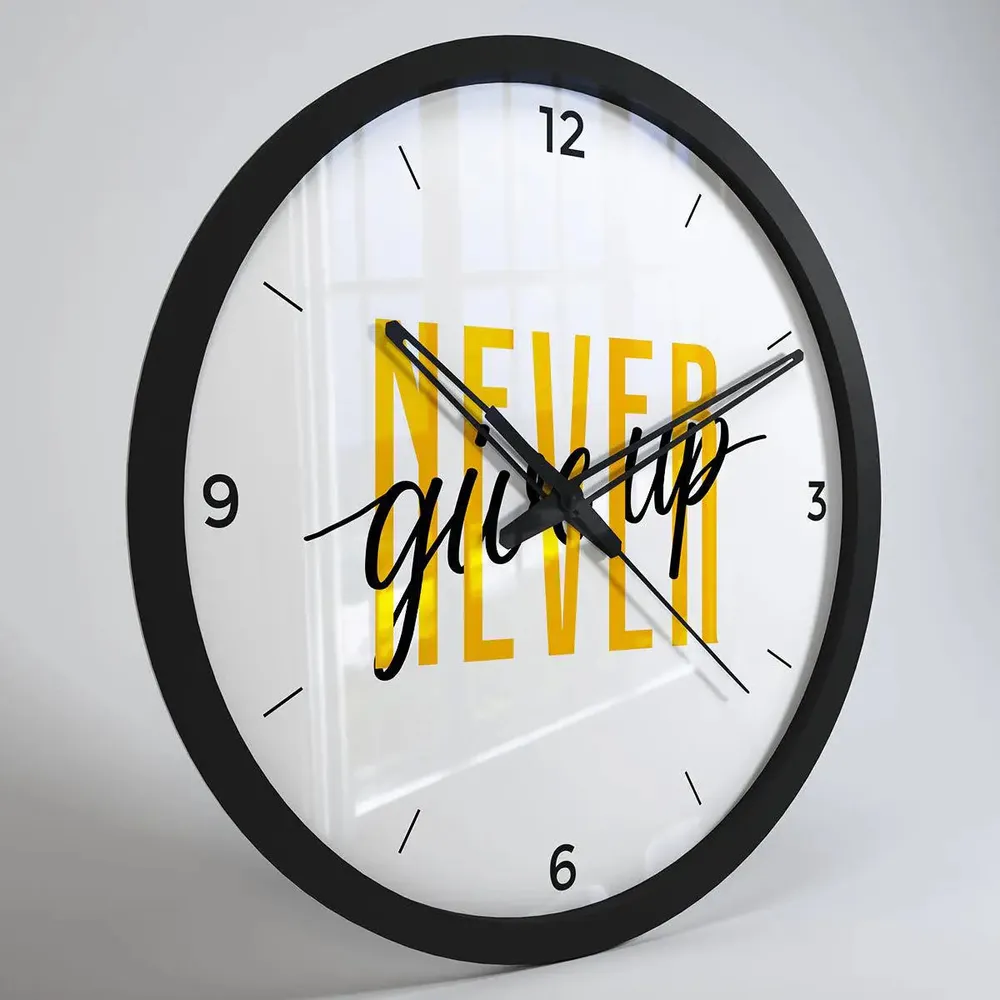 Never Give Up' Trendy Wall Clock for Gym Decor- Black Frame