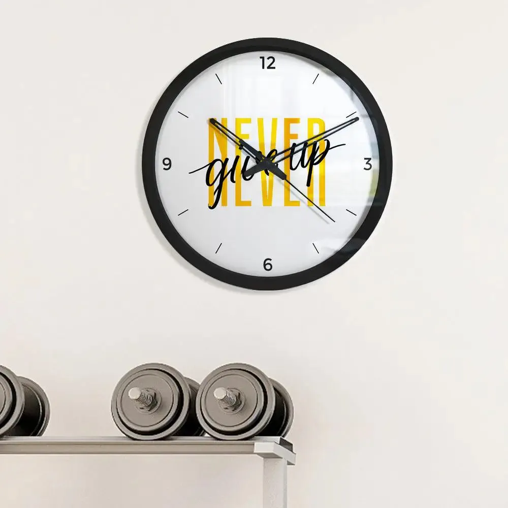 Never Give Up' Trendy Wall Clock for Gym Decor- Black Frame