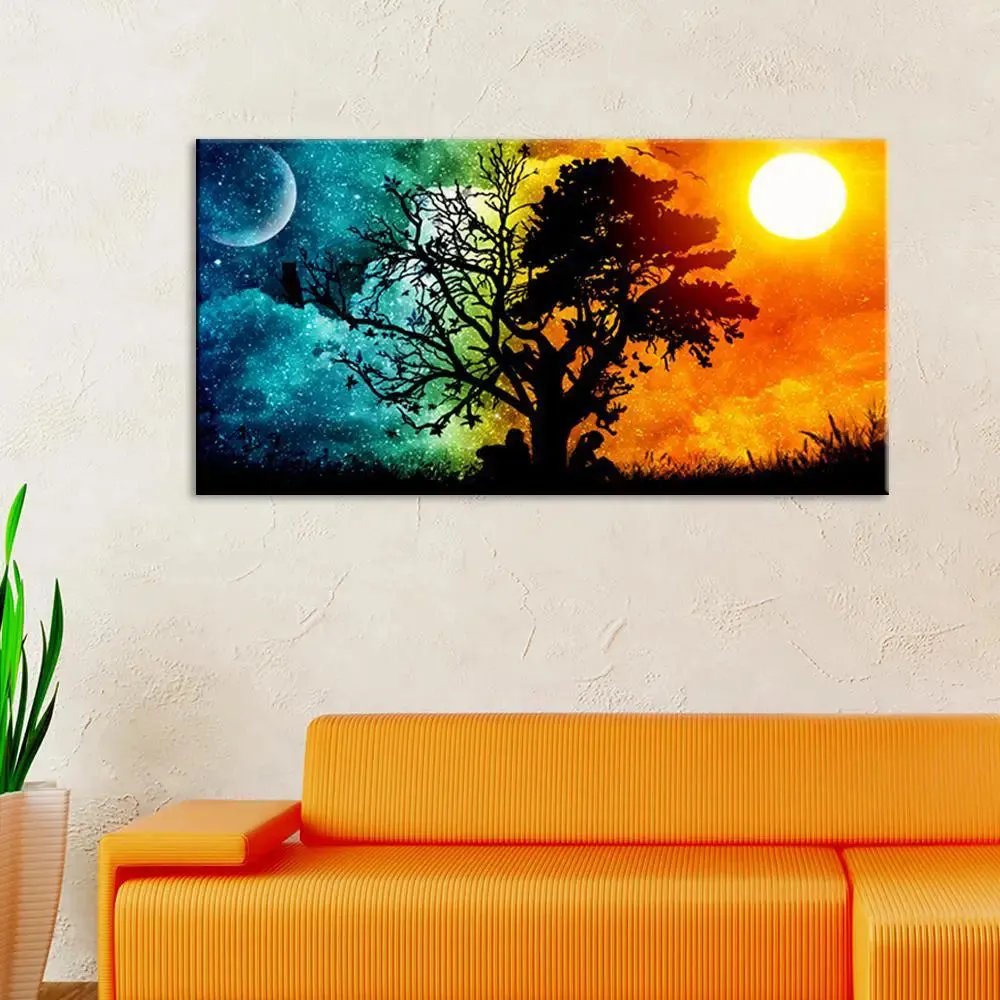 Night and Day Fantasy Scenery Canvas Painting With Frame