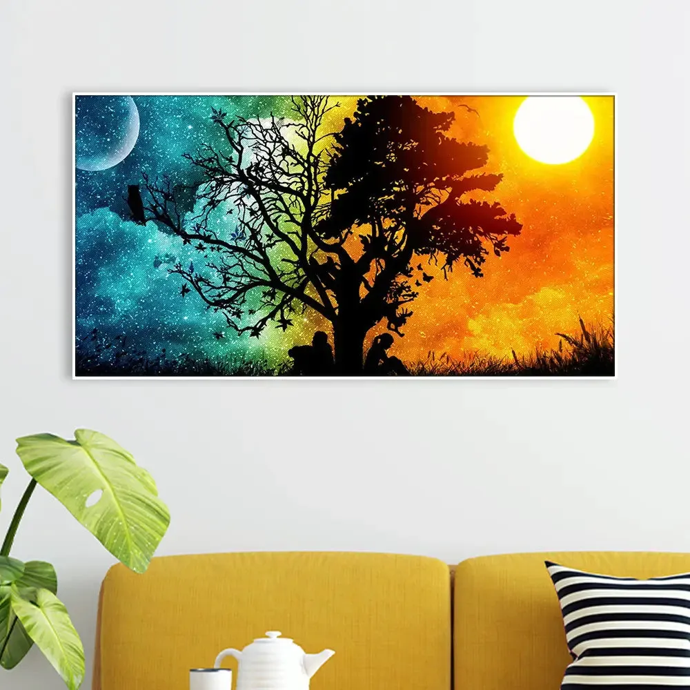 Night and Day Fantasy Scenery Canvas Painting With Frame