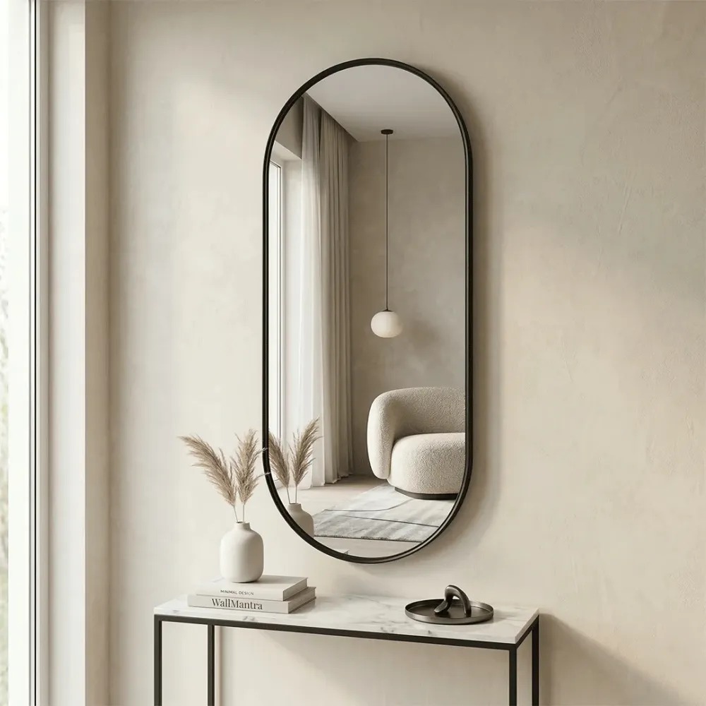 WallMantra Obsidian Oval Wall Mirror – Premium Saint-Gobain Glass with Black Aluminium Frame 