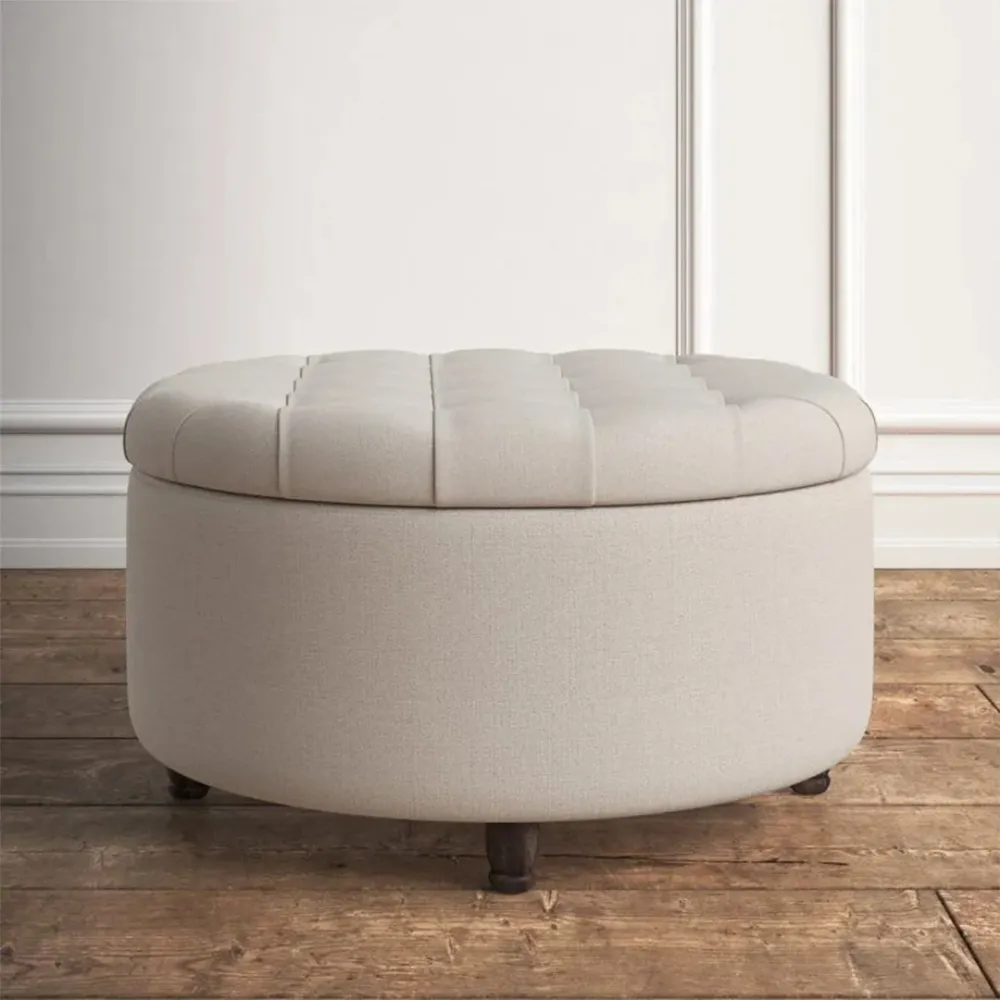 Off-White Round-Shaped Premium Quality Storage Ottoman