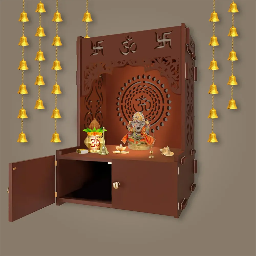 Om Chakra Brown MDF Wood Temple with Inbuilt Focus Light &amp; Spacious Shelf