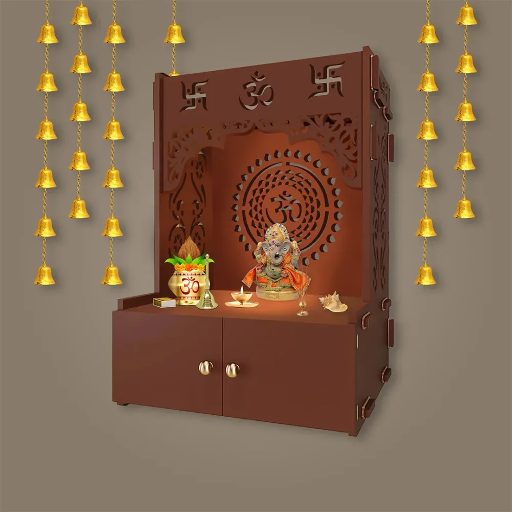 Om Chakra Brown MDF Wood Temple with Inbuilt Focus Light &amp; Spacious Shelf