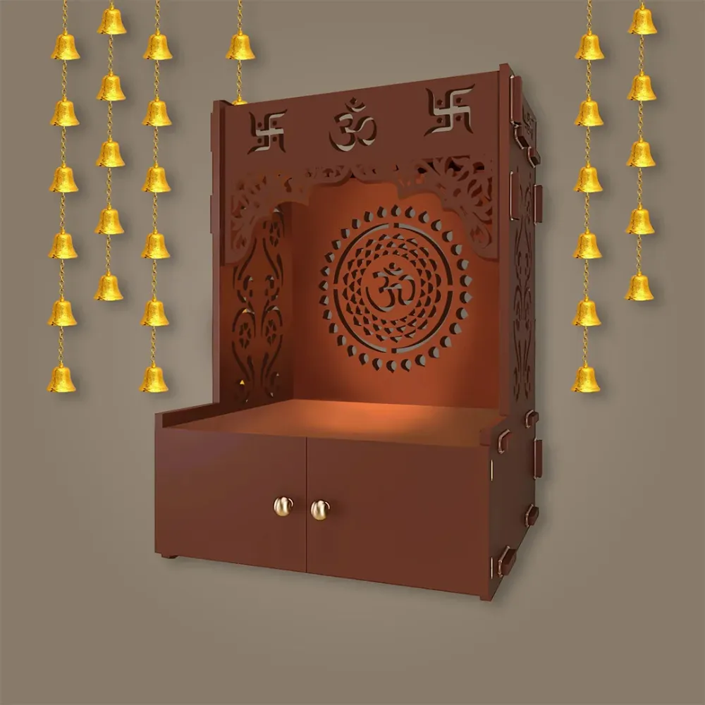 Om Chakra Brown MDF Wood Temple with Inbuilt Focus Light &amp; Spacious Shelf