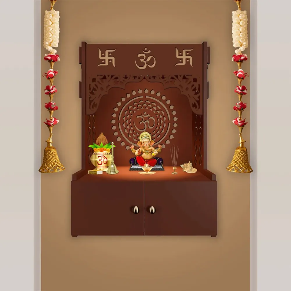 Om Chakra Brown MDF Wood Temple with Inbuilt Focus Light &amp; Spacious Shelf