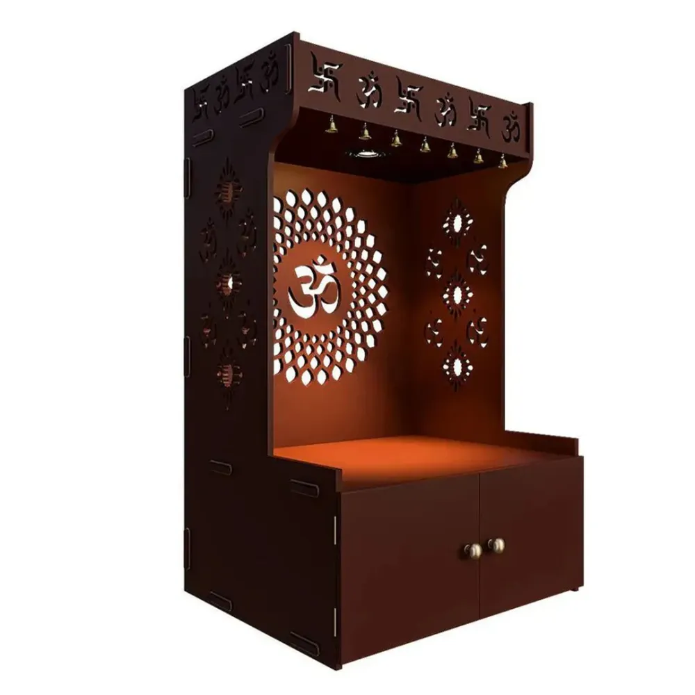 Om Chakra Floor Temple with Spacious Wooden Shelf &amp; Inbuilt Focus Light- Brown