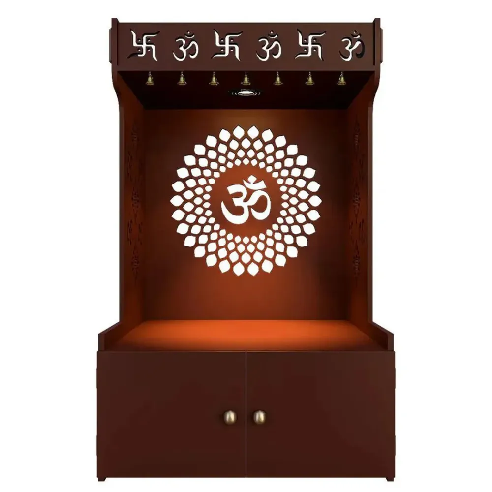 Om Chakra Floor Temple with Spacious Wooden Shelf &amp; Inbuilt Focus Light- Brown