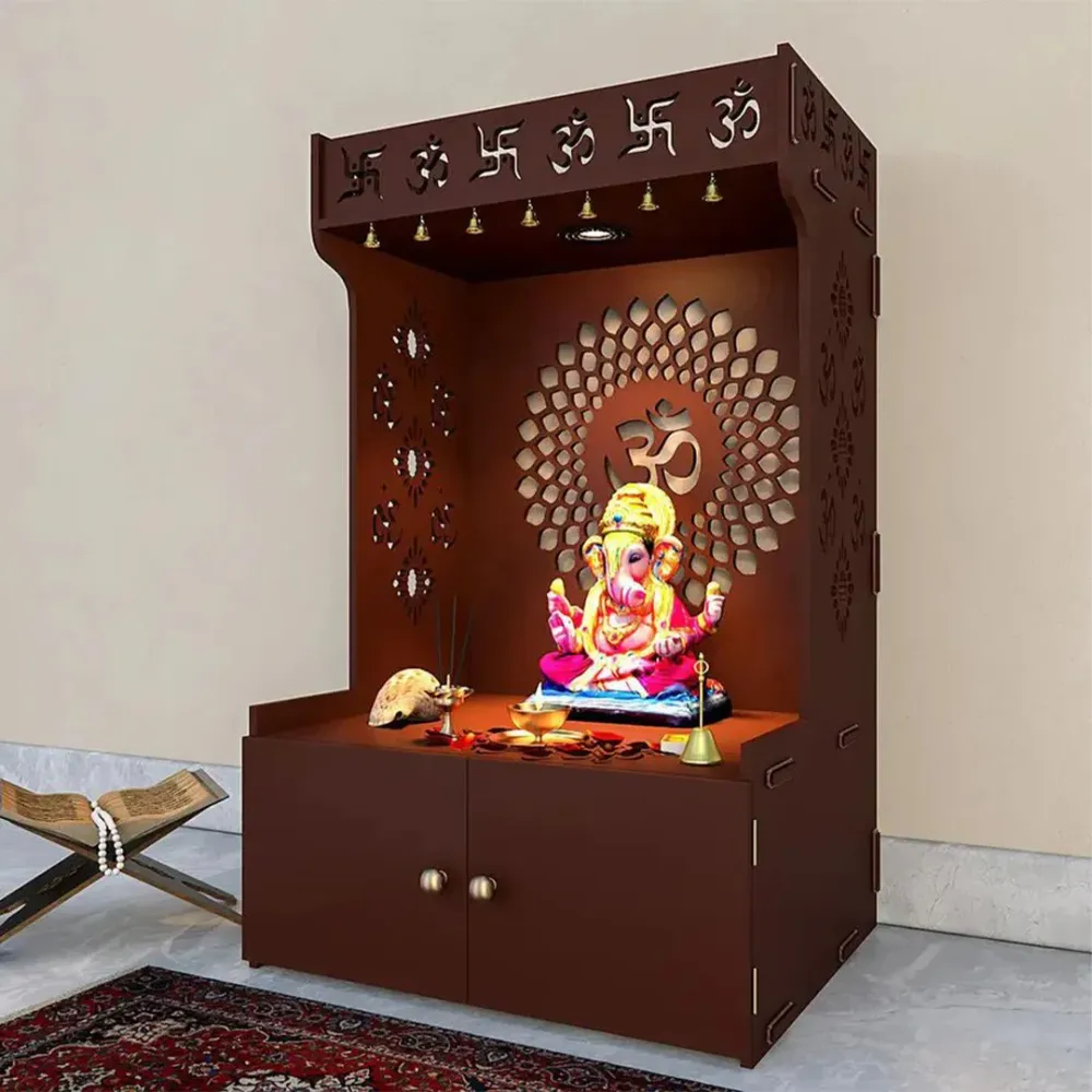 Om Chakra Floor Temple with Spacious Wooden Shelf &amp; Inbuilt Focus Light- Brown