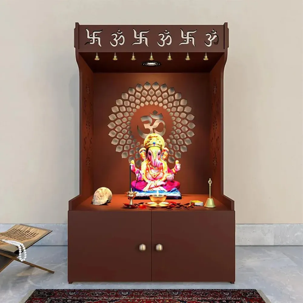 Om Chakra Floor Temple with Spacious Wooden Shelf &amp; Inbuilt Focus Light- Brown