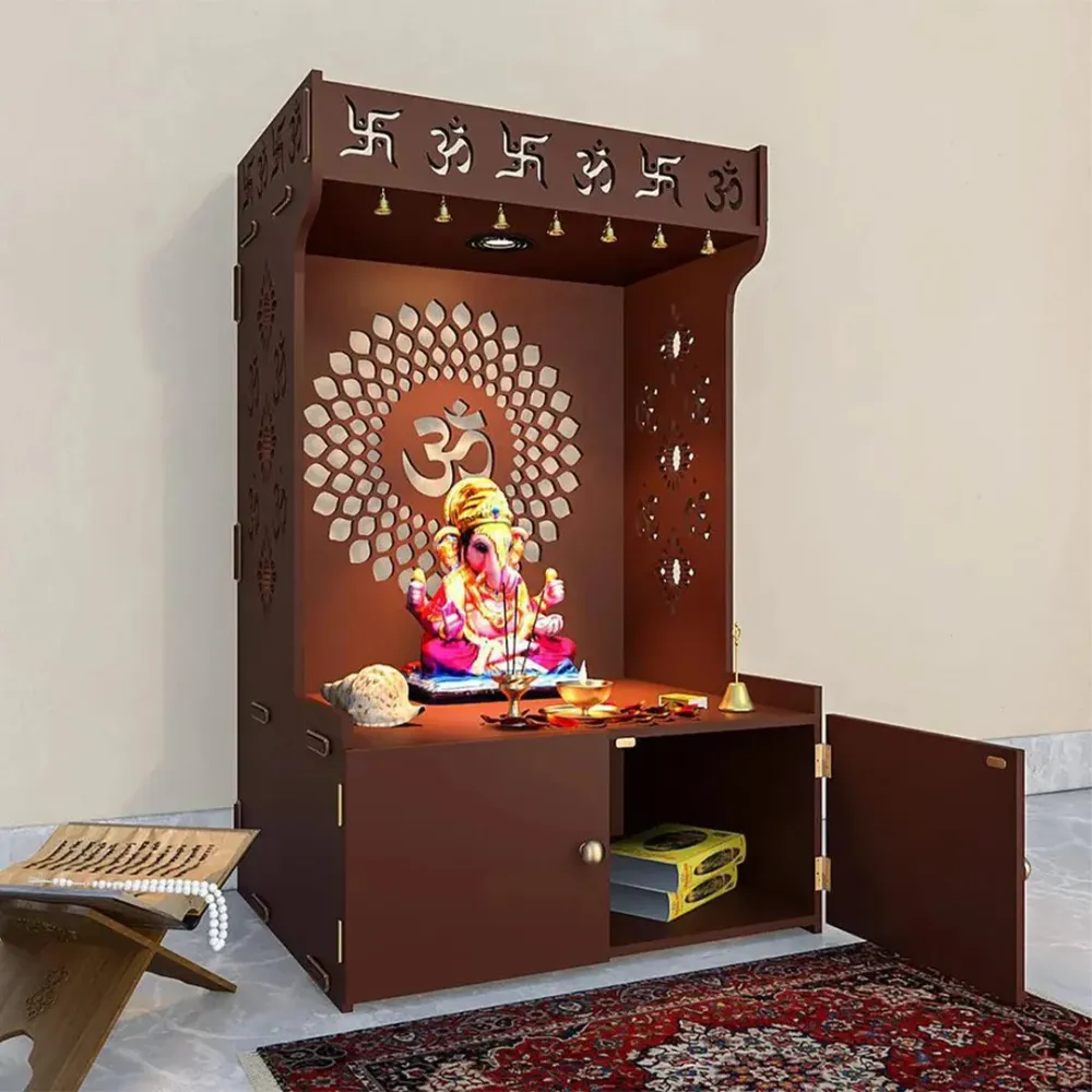 Om Chakra Floor Temple with Spacious Wooden Shelf &amp; Inbuilt Focus Light- Brown