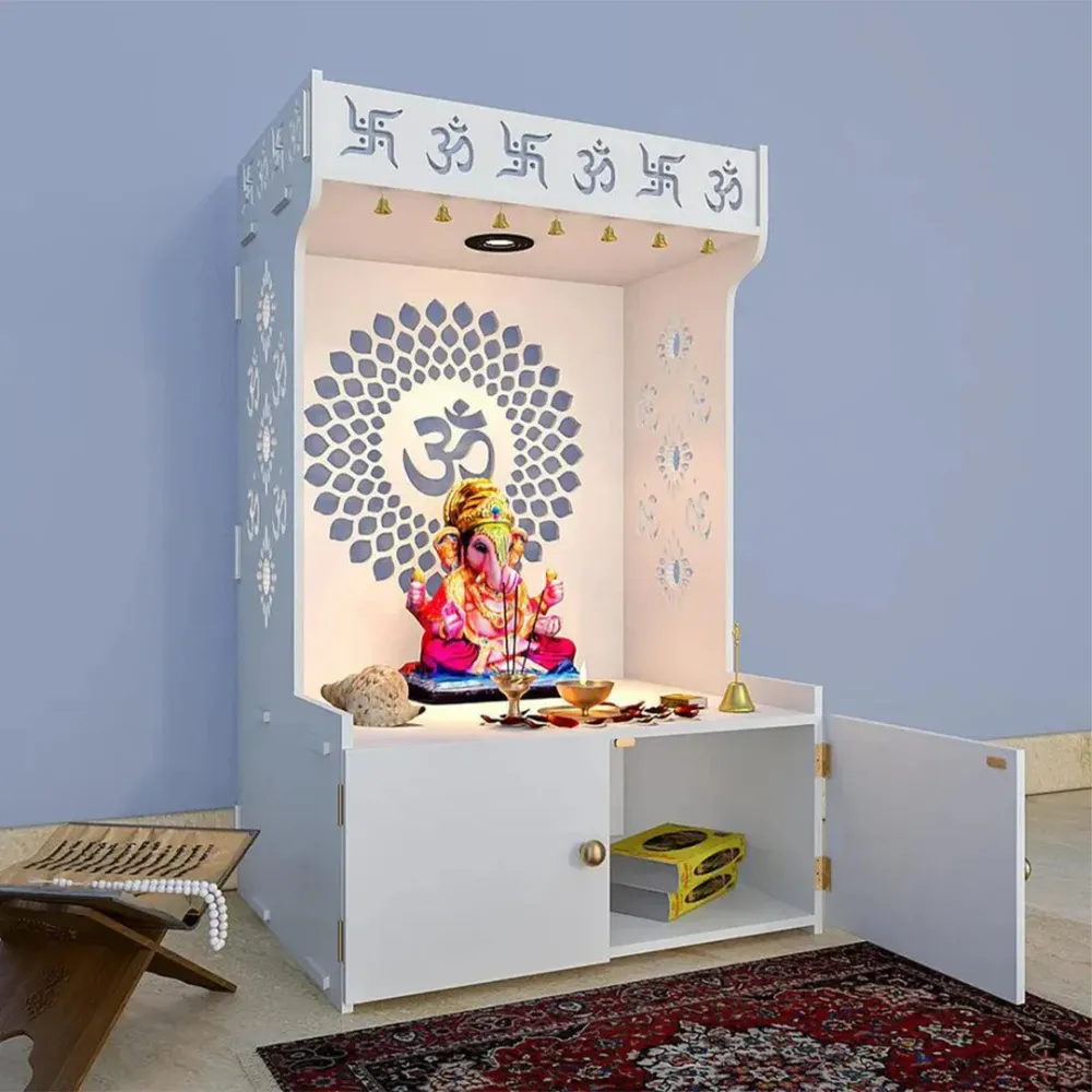 Om Chakra Floor Temple with Spacious Wooden Shelf &amp; Inbuilt Focus Light- White Finish