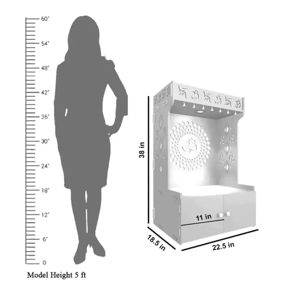 Om Chakra Floor Temple with Spacious Wooden Shelf &amp; Inbuilt Focus Light- White Finish
