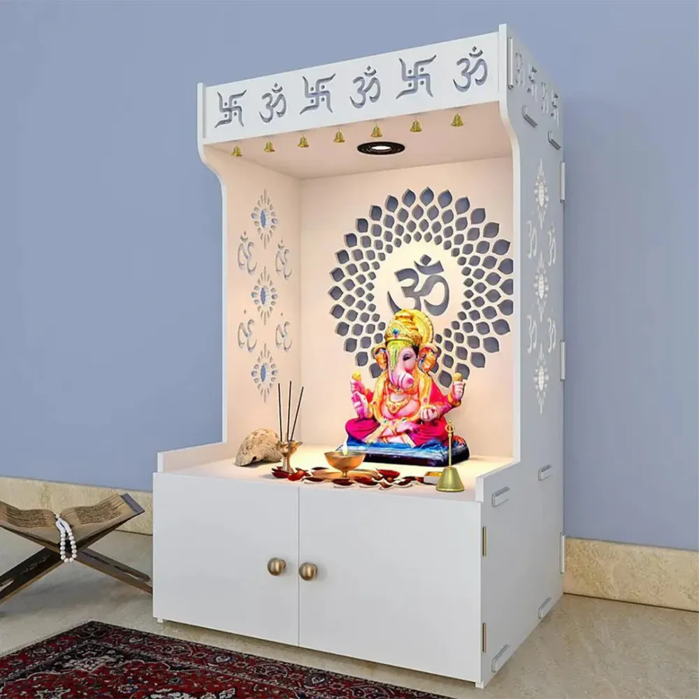 Om Chakra Floor Temple with Spacious Wooden Shelf &amp; Inbuilt Focus Light- White Finish