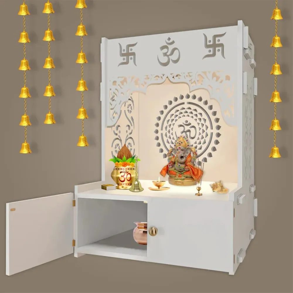 Om Chakra White MDF Wood Temple with Inbuilt Focus Light &amp; Spacious Shelf