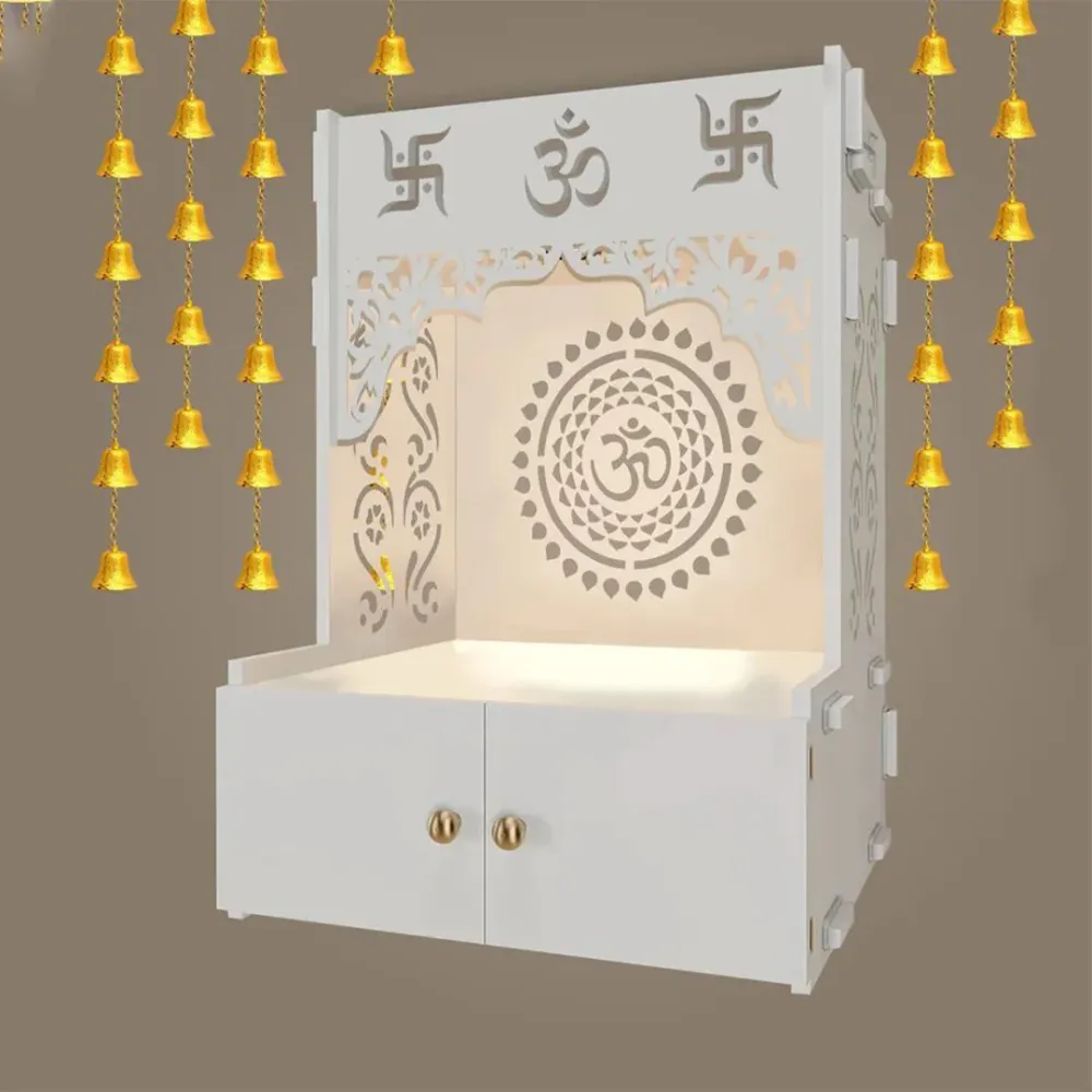 Om Chakra White MDF Wood Temple with Inbuilt Focus Light &amp; Spacious Shelf