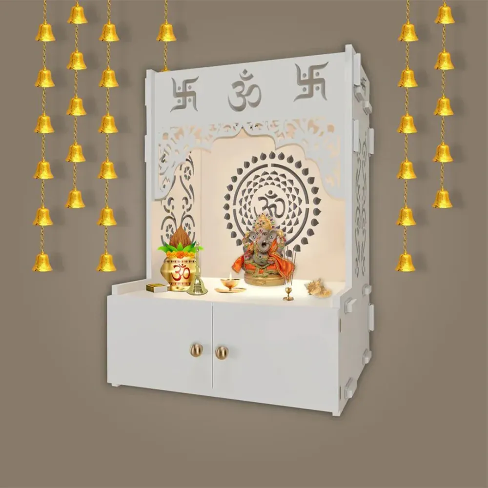 Om Chakra White MDF Wood Temple with Inbuilt Focus Light &amp; Spacious Shelf