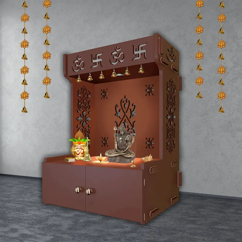 OM Swastika Symbol Of Hindu Religious Floor Temple With Spacious Wooden Shelf &amp; Inbuilt Focus Light- Brown Finish