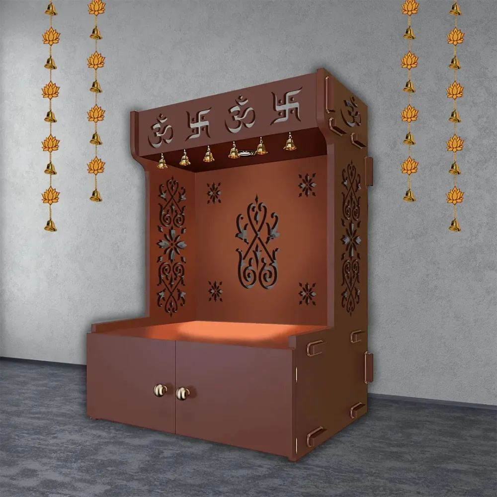 OM Swastika Symbol Of Hindu Religious Floor Temple With Spacious Wooden Shelf &amp; Inbuilt Focus Light- Brown Finish