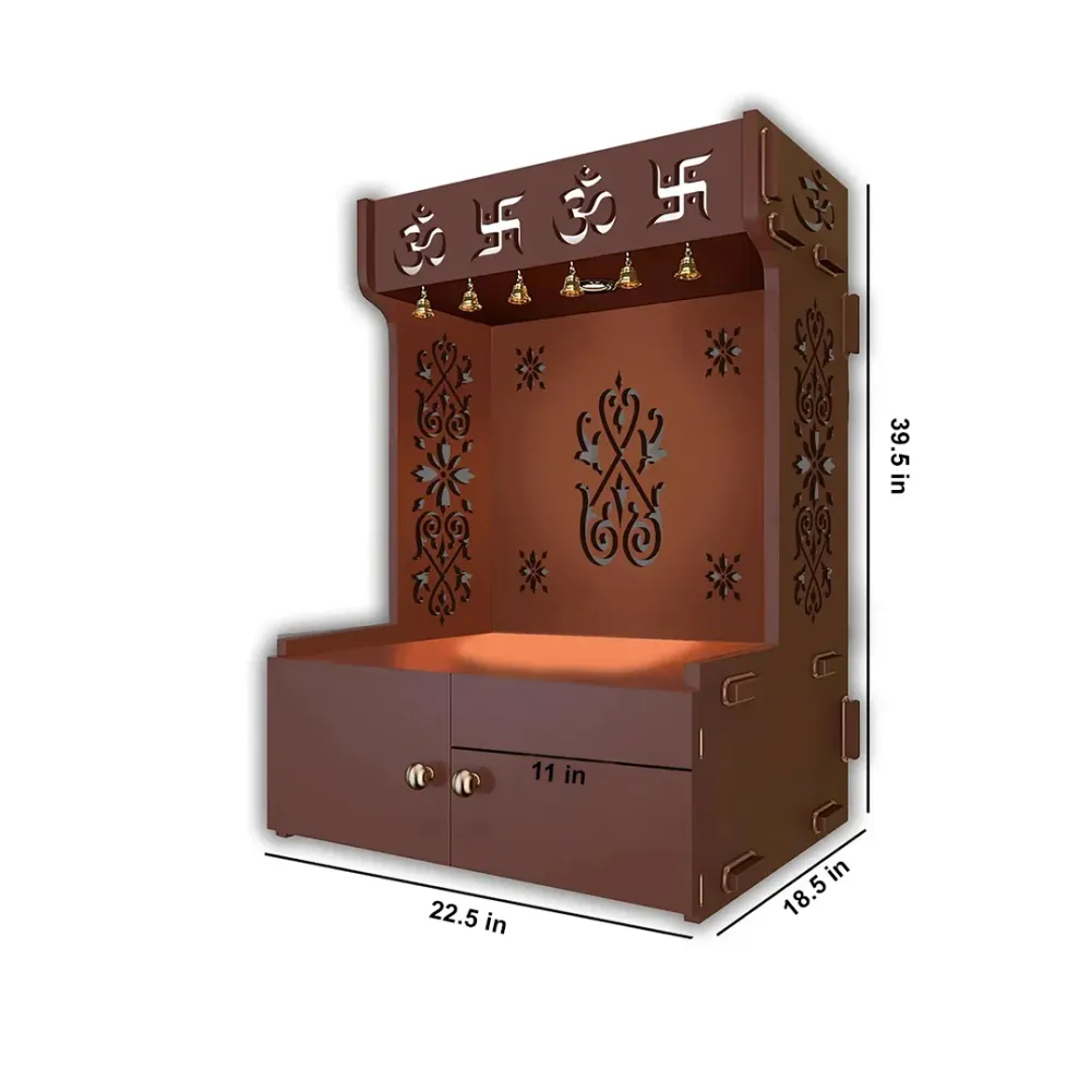 OM Swastika Symbol Of Hindu Religious Floor Temple With Spacious Wooden Shelf &amp; Inbuilt Focus Light- Brown Finish