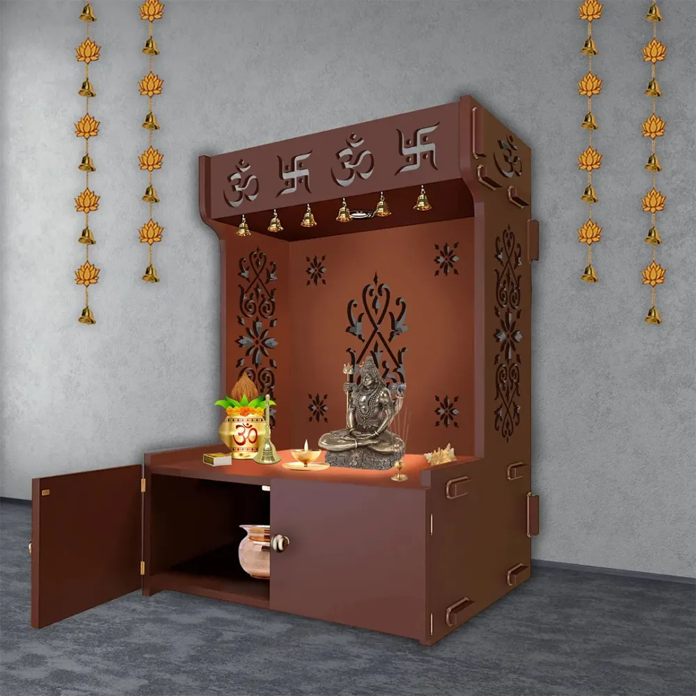 OM Swastika Symbol Of Hindu Religious Floor Temple With Spacious Wooden Shelf &amp; Inbuilt Focus Light- Brown Finish