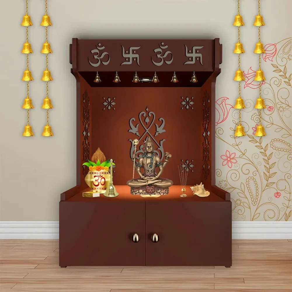 OM Swastika Symbol Of Hindu Religious Floor Temple With Spacious Wooden Shelf &amp; Inbuilt Focus Light- Brown Finish