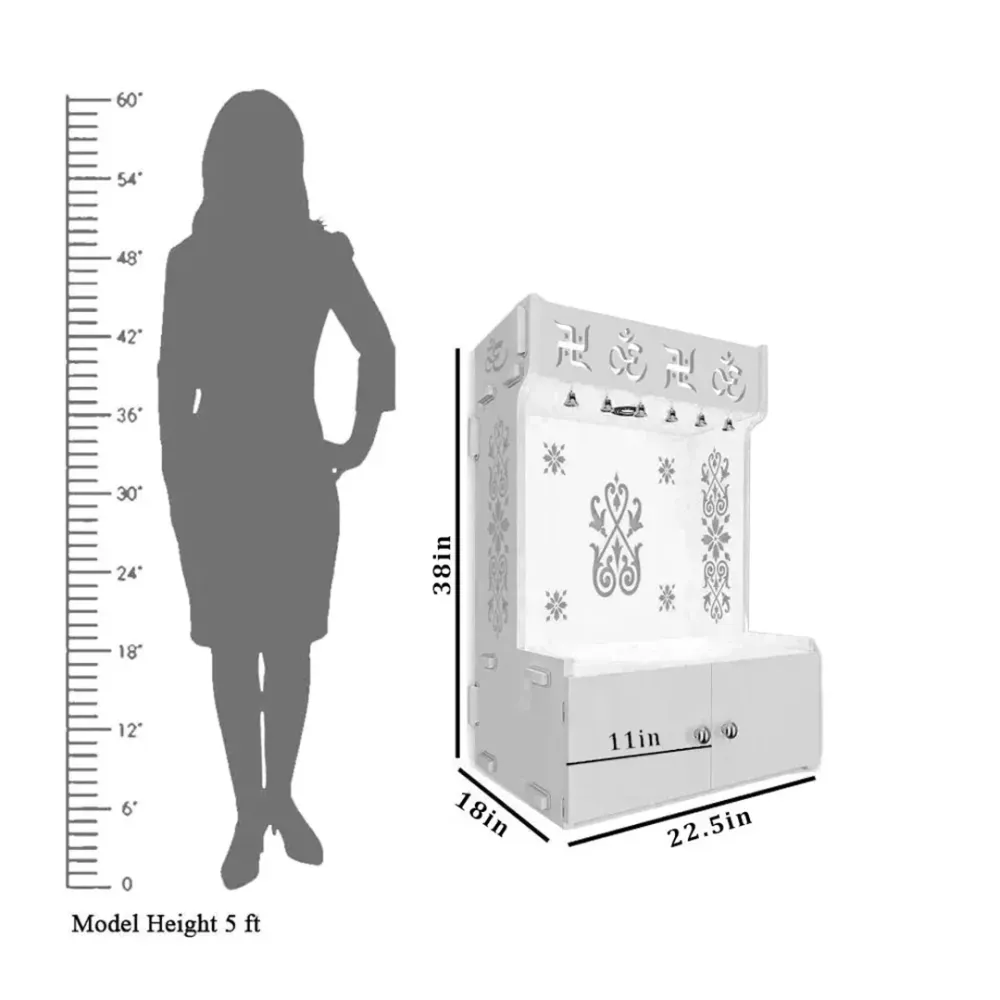 OM Swastika Symbol Of Hindu Religious Floor Temple With Spacious Wooden Shelf &amp; Inbuilt Focus Light- White Finish