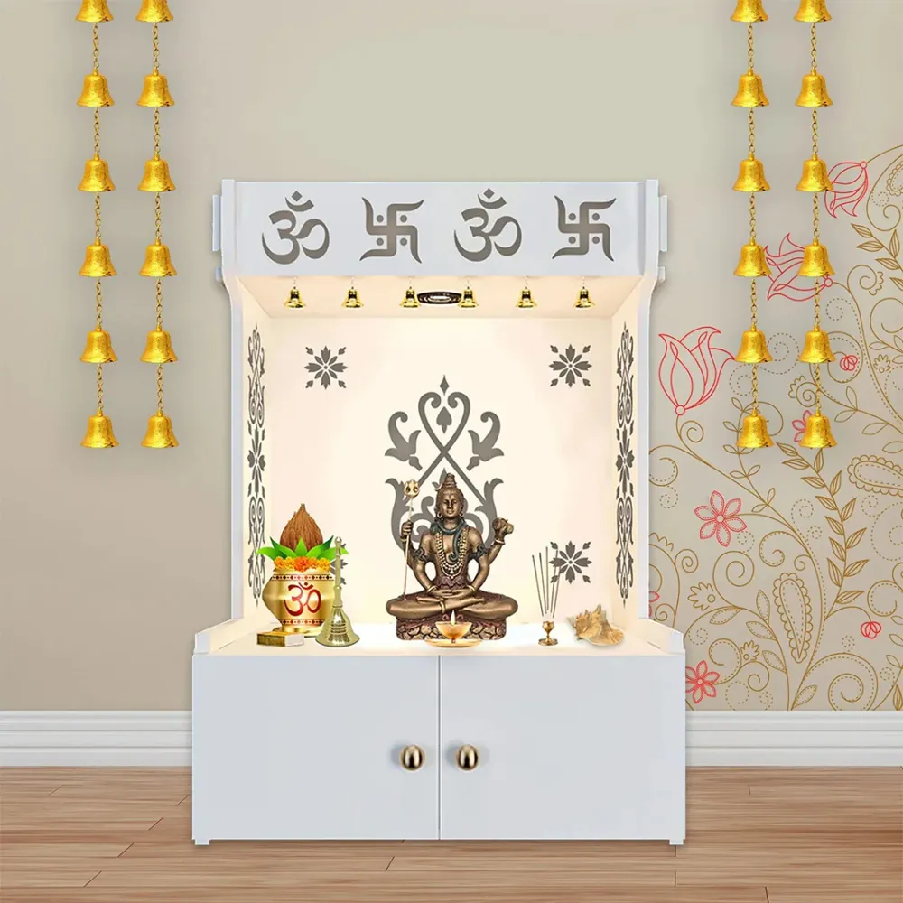 OM Swastika Symbol Of Hindu Religious Floor Temple With Spacious Wooden Shelf &amp; Inbuilt Focus Light- White Finish