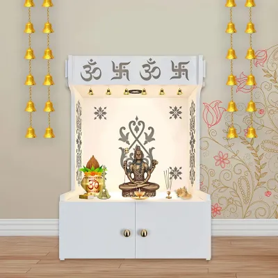 OM Swastika Symbol Of Hindu Religious Floor Temple With Spacious Wooden Shelf &amp; Inbuilt Focus Light- White Finish