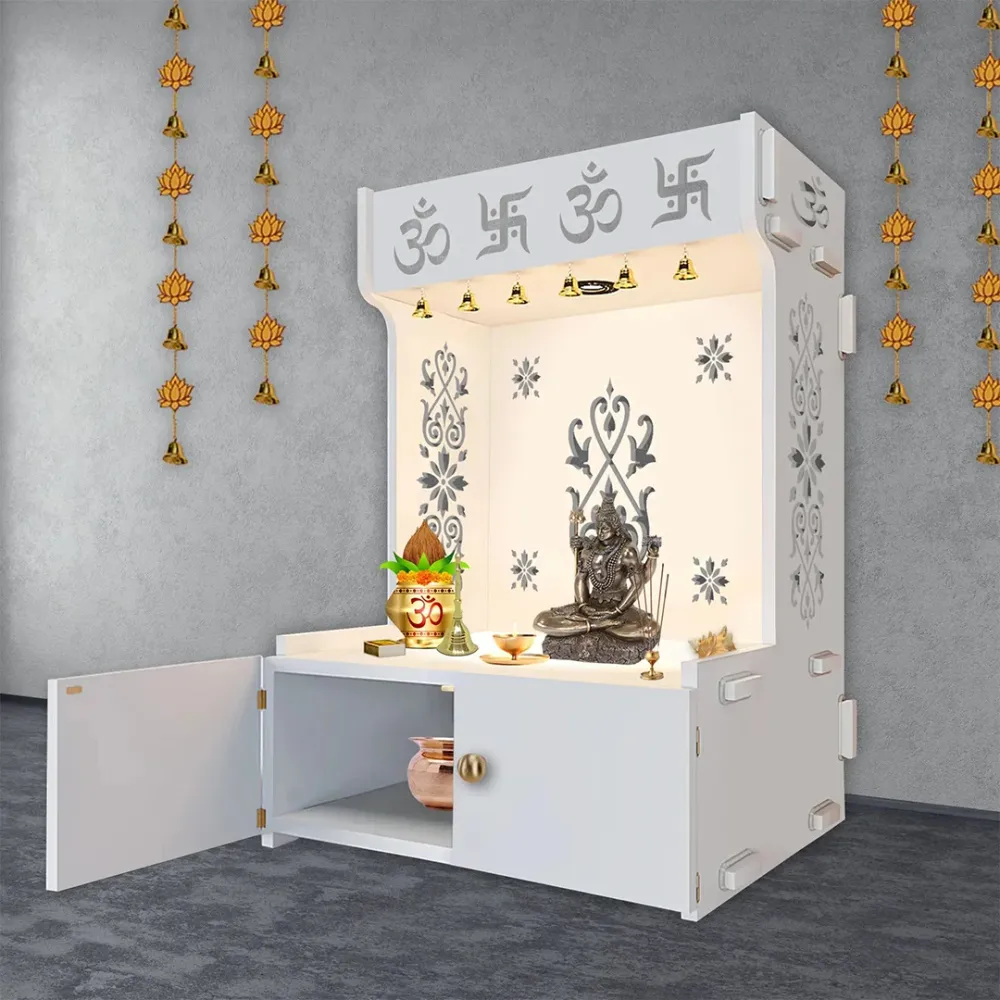 OM Swastika Symbol Of Hindu Religious Floor Temple With Spacious Wooden Shelf &amp; Inbuilt Focus Light- White Finish