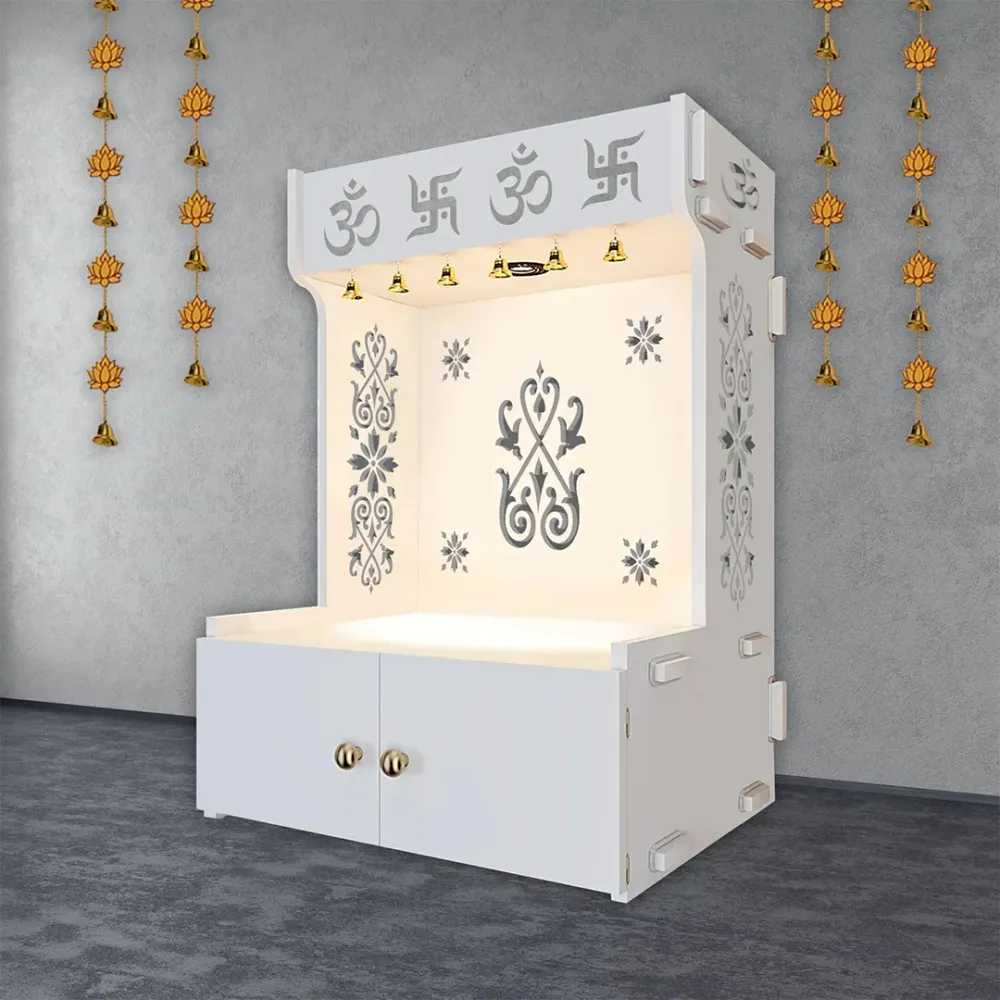 OM Swastika Symbol Of Hindu Religious Floor Temple With Spacious Wooden Shelf &amp; Inbuilt Focus Light- White Finish