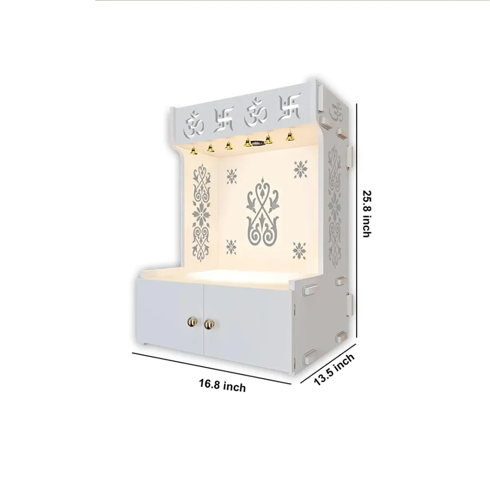 OM Swastika Symbol Of Hindu Religious White Wooden Wall Temple For Home With Inbuilt Focus Lights &amp; Spacious Shelf