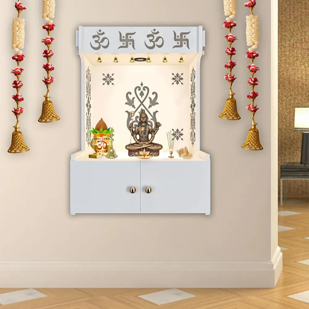 OM Swastika Symbol Of Hindu Religious White Wooden Wall Temple For Home With Inbuilt Focus Lights &amp; Spacious Shelf