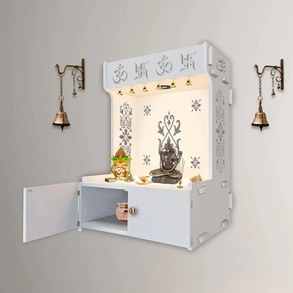 OM Swastika Symbol Of Hindu Religious White Wooden Wall Temple For Home With Inbuilt Focus Lights &amp; Spacious Shelf