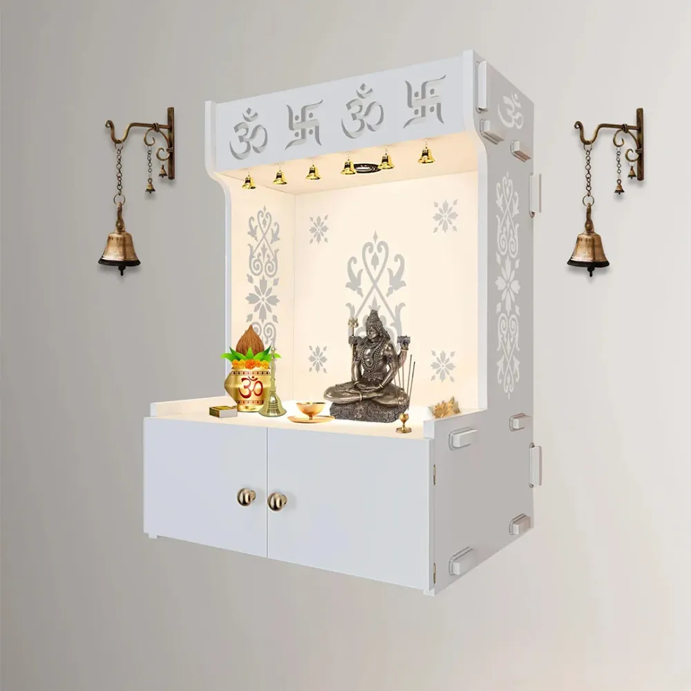 OM Swastika Symbol Of Hindu Religious White Wooden Wall Temple For Home With Inbuilt Focus Lights &amp; Spacious Shelf