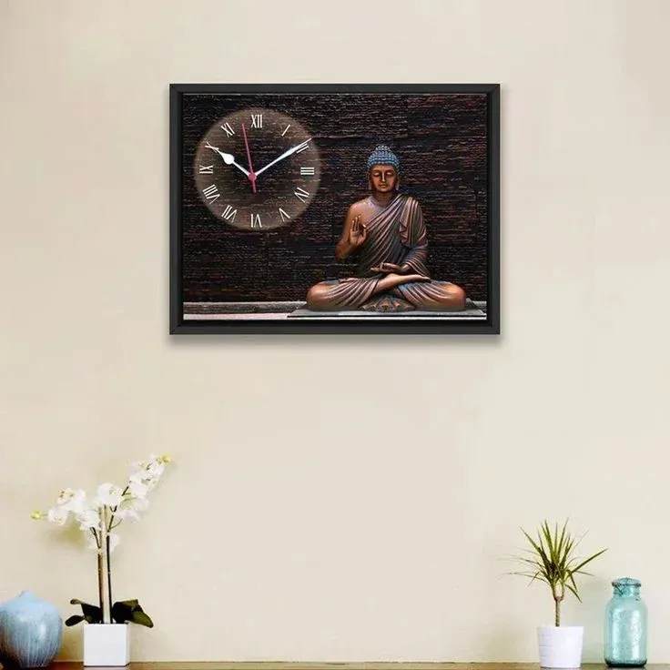 Peaceful Buddha Canvas Printed Decorative Wall Clock With Floating Frame