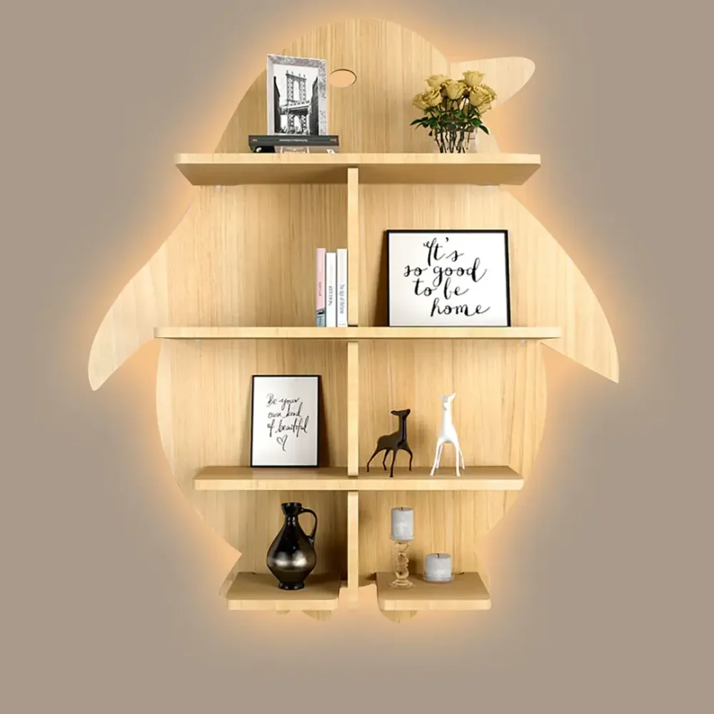 Penguin Backlit Wood Wall Shelf / Book Shelf / Night Light, Light Oak Finish Regular ( 28 inches x 32 inches )