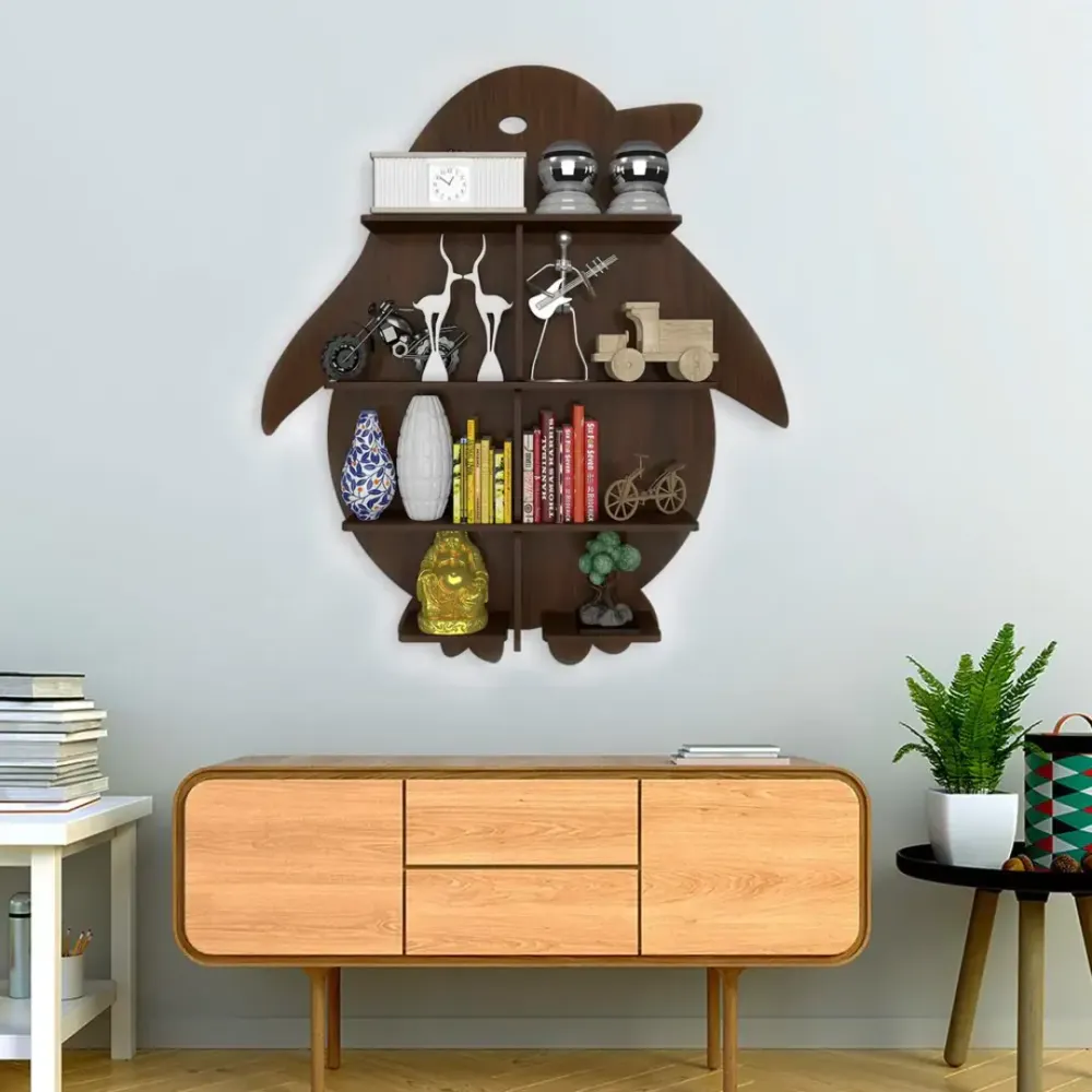 Penguin Backlit Wood Wall Shelf / Book Shelf / Night Light, Walnut Finish Regular ( 28 inches x 32 inches )
