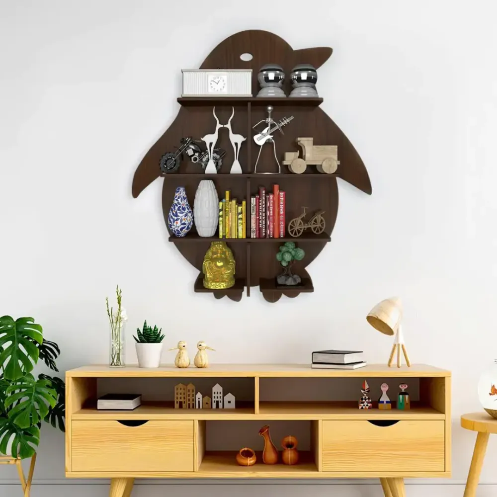 Penguin Backlit Wood Wall Shelf / Book Shelf / Night Light, Walnut Finish Regular ( 28 inches x 32 inches )