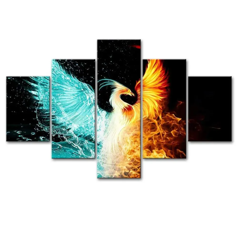 Phoenix  Ice and Fire Effect 5 Pieces Canvas Print Wall Painting
