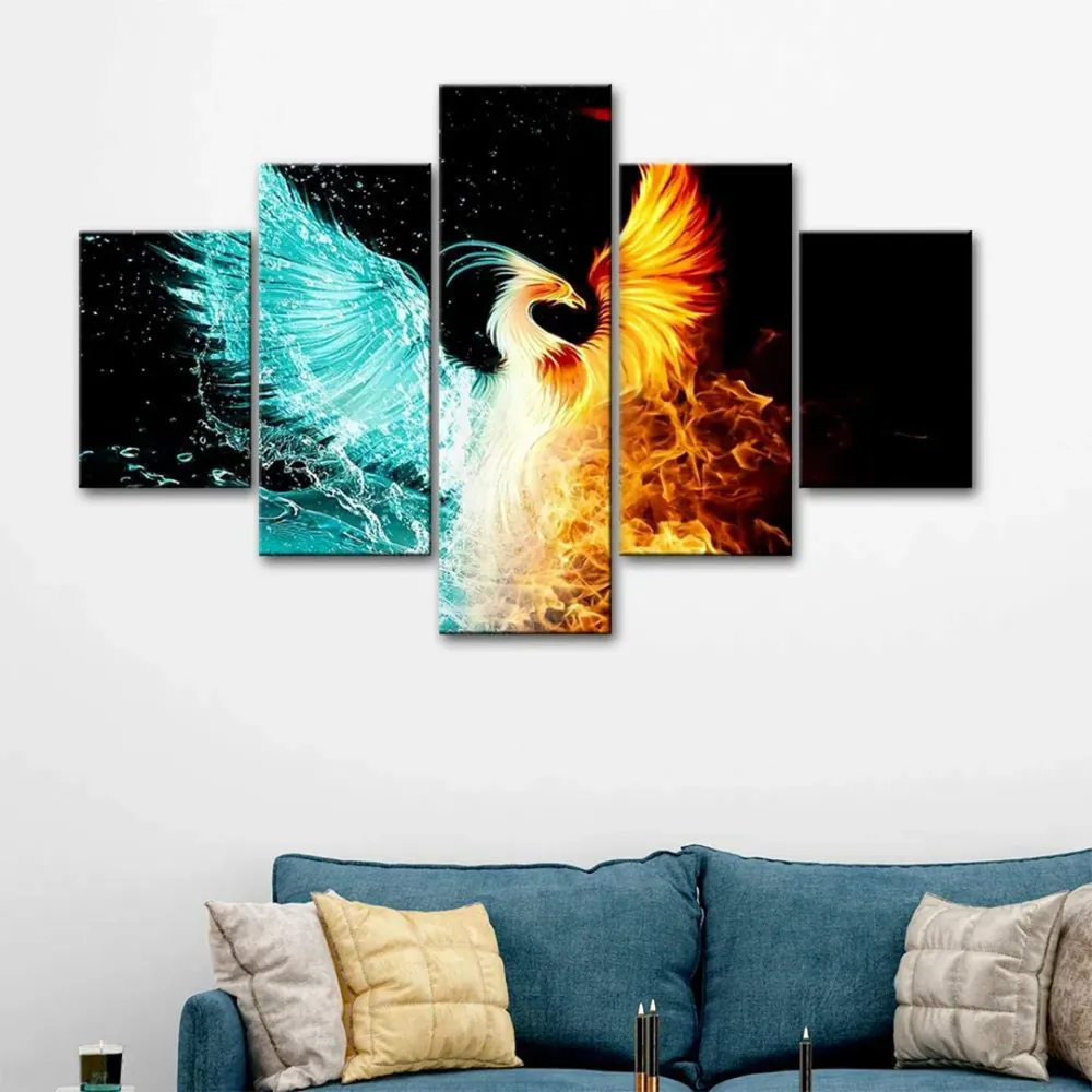 Phoenix  Ice and Fire Effect 5 Pieces Canvas Print Wall Painting